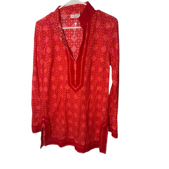 NWOT Tori Burch Honeysuckle Cotton Resortwear Printed Red Pink Tunic - Picture 5 of 7